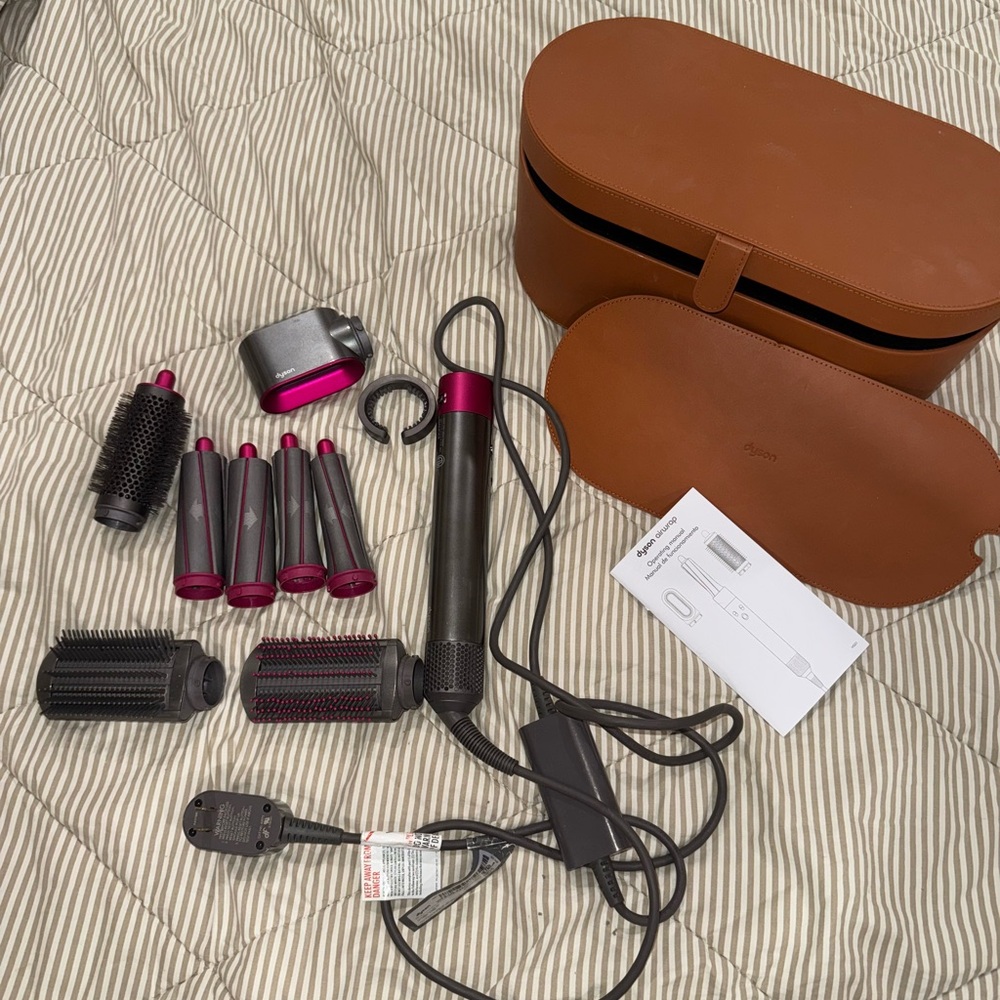 Dyson Airwrap Set with Pink Accents and Brown Case